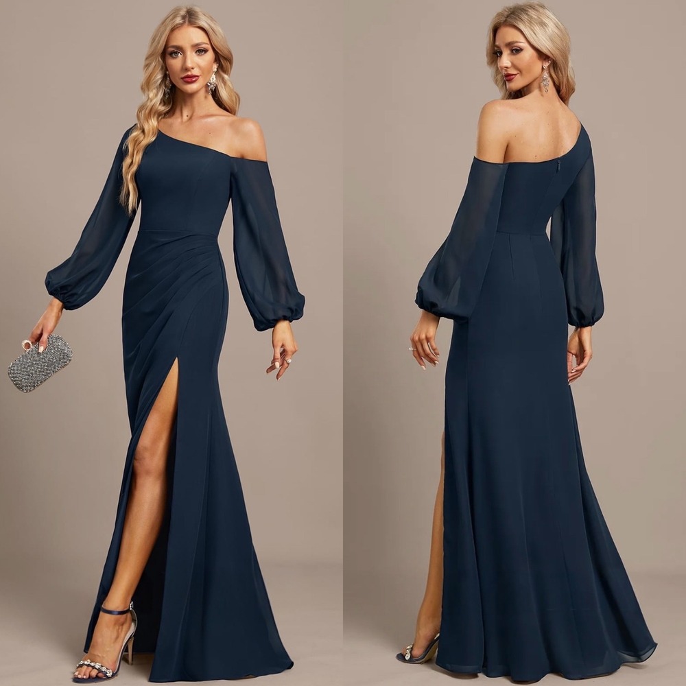 NWT JJs House Formal Dress One Shoulder Maxi Evening Wedding Bridesmaid Navy